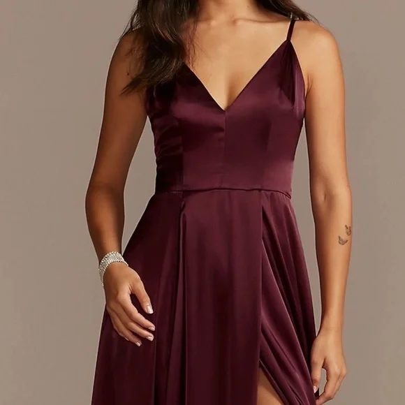 Charmeuse Deep V-Neck A-Line Bridesmaid Dress GALINA SIGNATURE GS290019